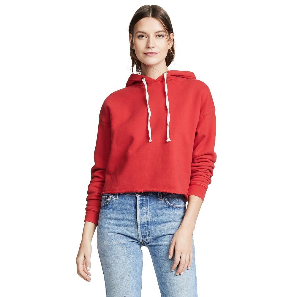 RE/Done Red Upcycled Cropped Raw-Edge Oversized Pullover Hoodie Small NEW